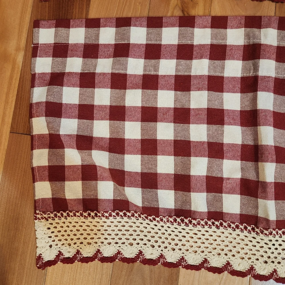 Vintage Red Gingham Farmhouse Cafe Curtains Scalloped Trim Set of 4 Cottage